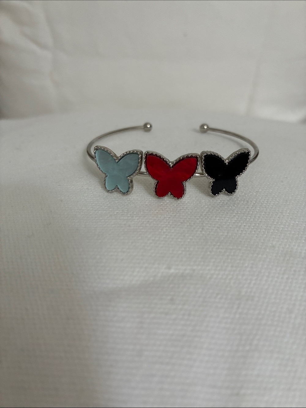 Triple Butterfly Cuff Bracelet - Silver and Light Blue, Red, Black